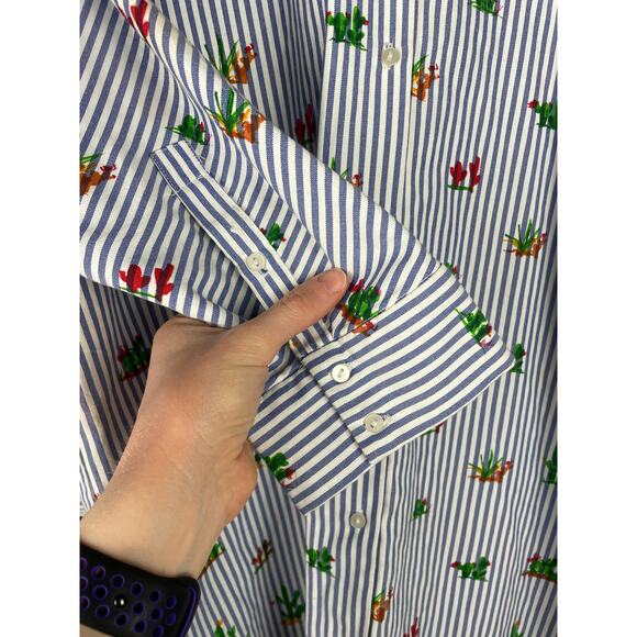 Zara White Blue Stripe Button Down Novelty Cactus Print Top XS Oversized Coastal - Picture 7 of 9